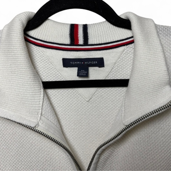 Tommy Hilfiger XXL White Quarter Zip Sweater Waffle Knit Red Blue Trim - Picture 6 of 7